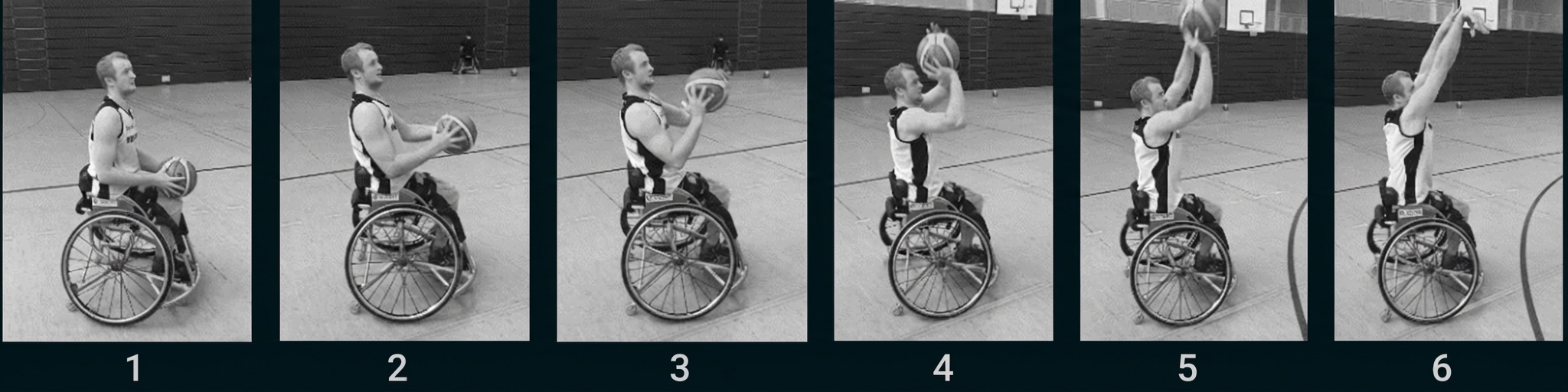 Person im Rollstuhl macht in sechs Bildern einen Basketballwurf in einer Sporthalle.